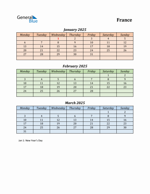 Q1 2025 Holiday Calendar - France