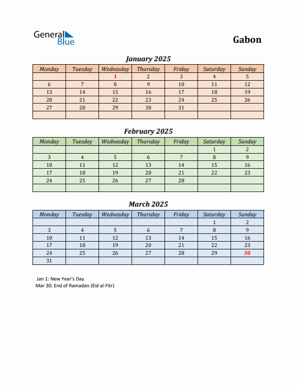 Q1 2025 Holiday Calendar - Gabon