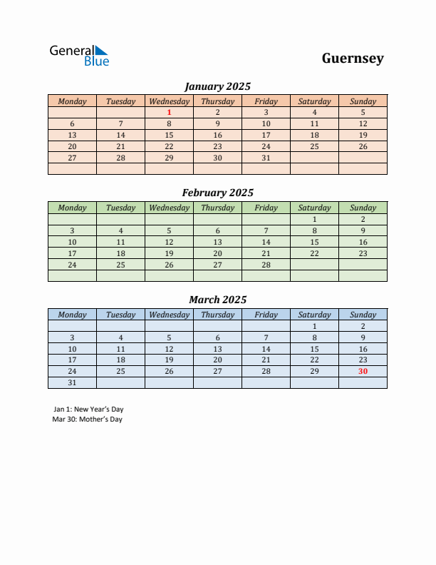 Q1 2025 Holiday Calendar - Guernsey