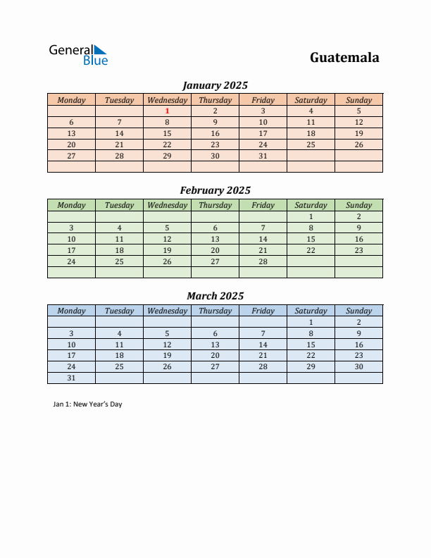 Q1 2025 Holiday Calendar - Guatemala