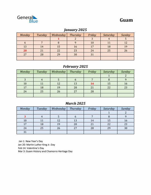 Q1 2025 Holiday Calendar - Guam