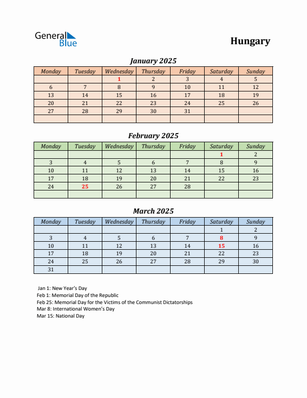 Q1 2025 Holiday Calendar - Hungary