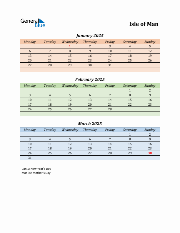 Q1 2025 Holiday Calendar - Isle of Man