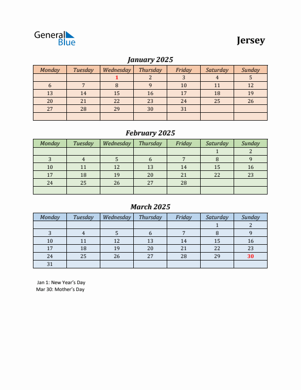 Q1 2025 Holiday Calendar - Jersey