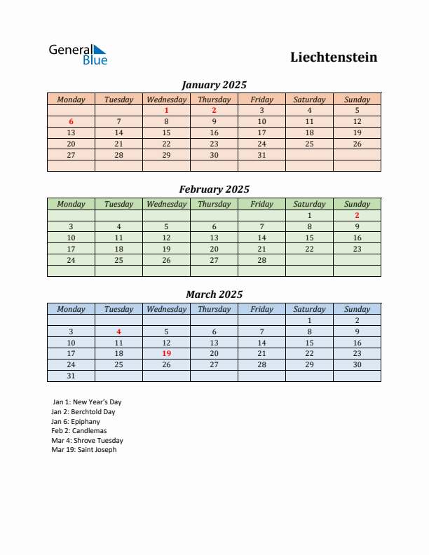 Q1 2025 Holiday Calendar - Liechtenstein