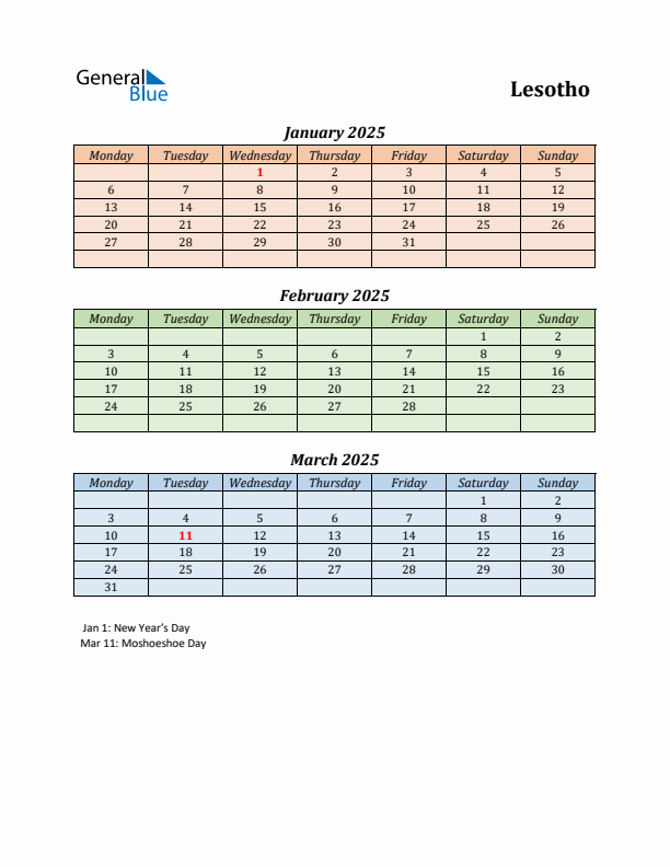 Q1 2025 Holiday Calendar - Lesotho