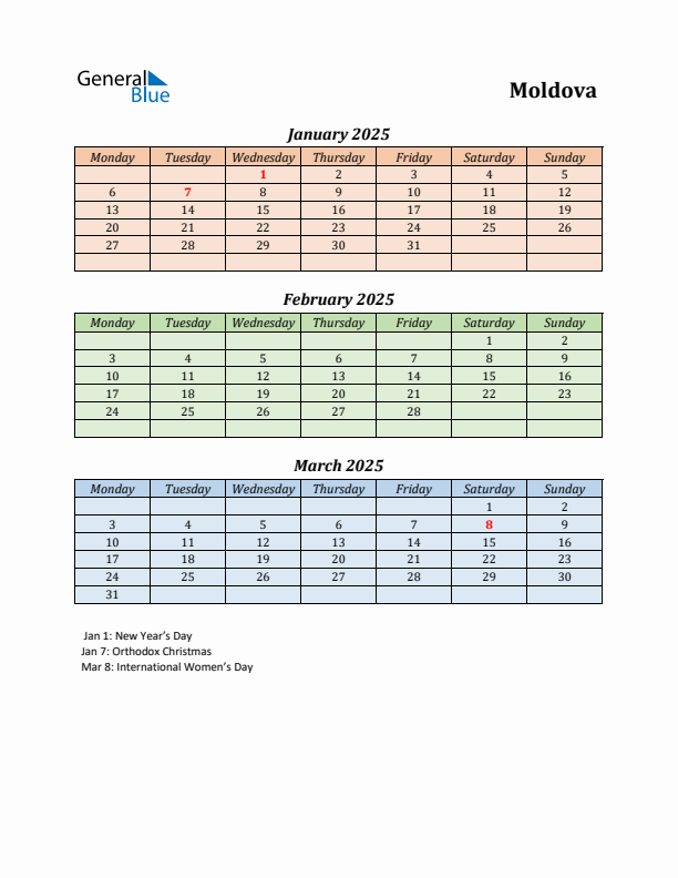 Q1 2025 Holiday Calendar - Moldova