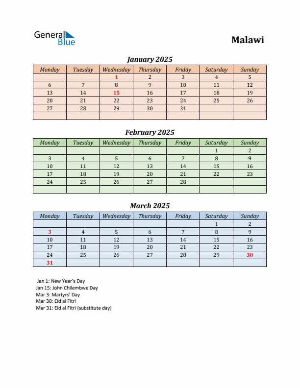 Q1 2025 Holiday Calendar - Malawi