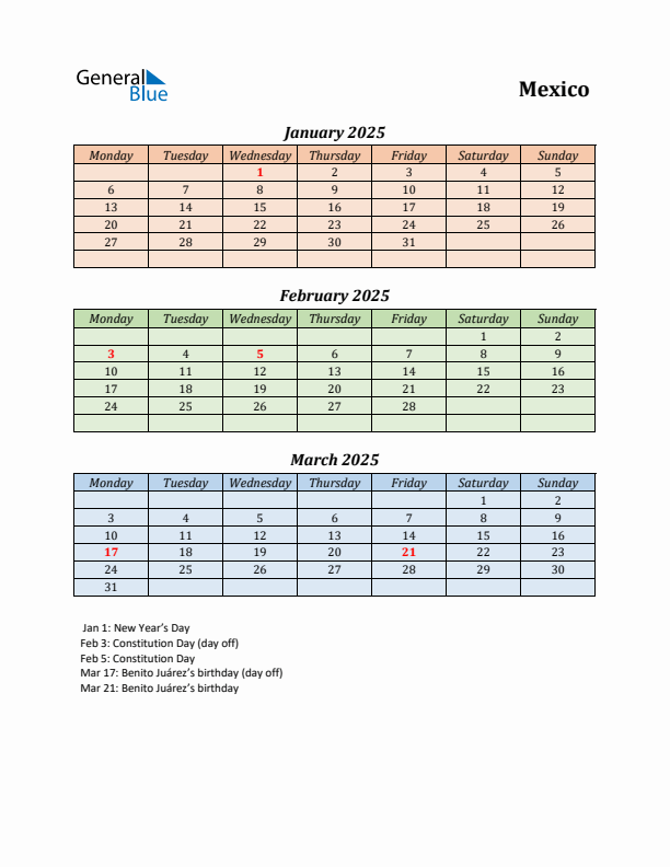 Q1 2025 Holiday Calendar - Mexico