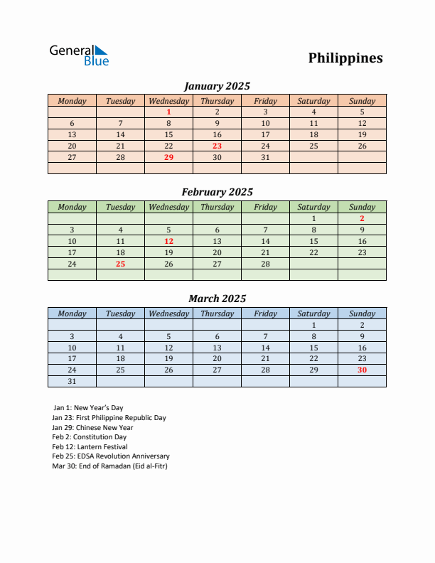 Q1 2025 Holiday Calendar - Philippines