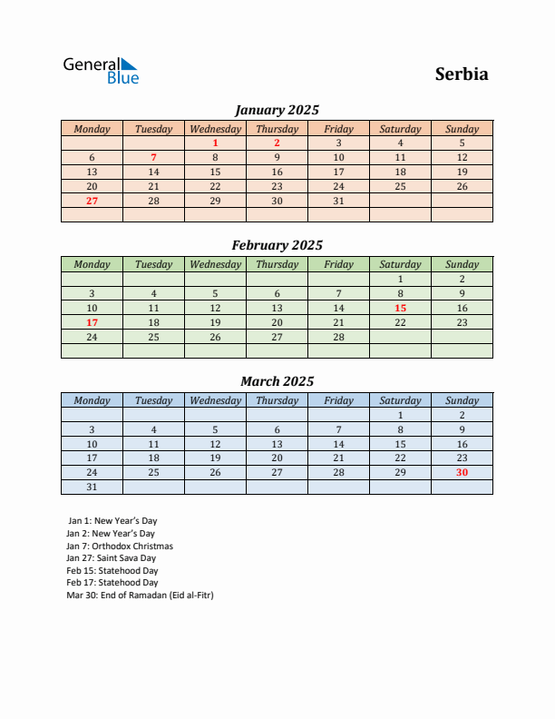 Q1 2025 Holiday Calendar - Serbia