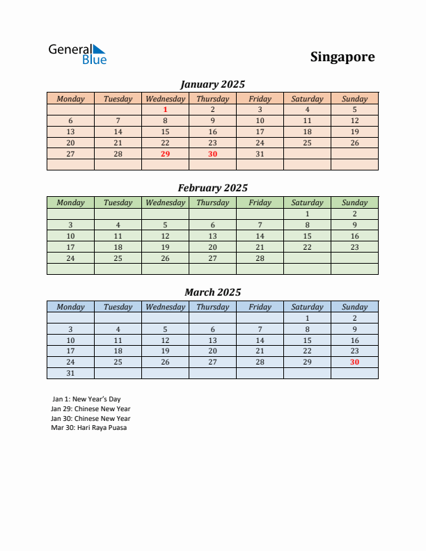 Q1 2025 Holiday Calendar - Singapore