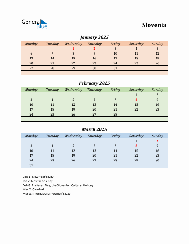 Q1 2025 Holiday Calendar - Slovenia