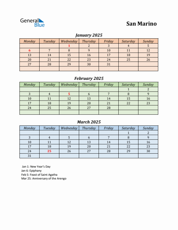 Q1 2025 Holiday Calendar - San Marino