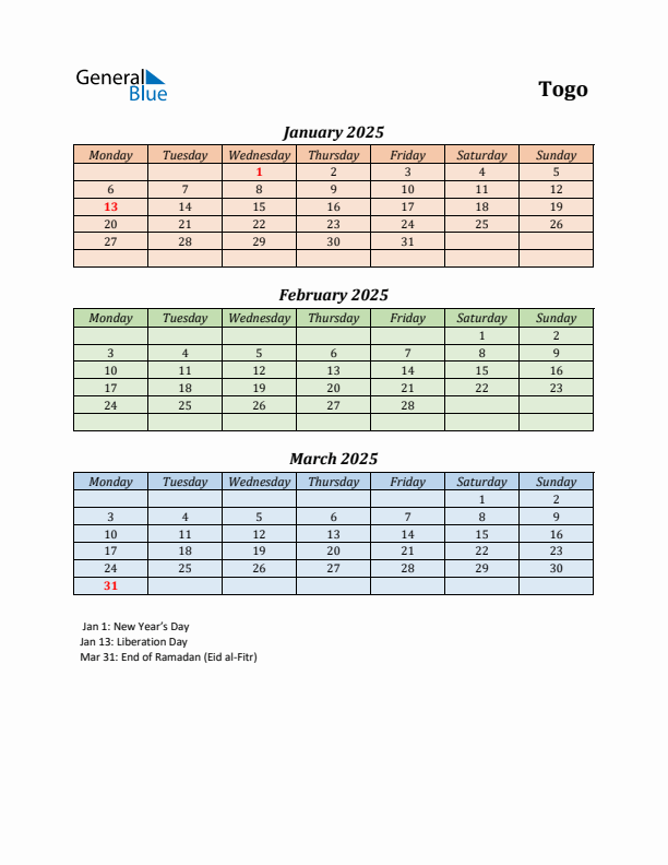 Q1 2025 Holiday Calendar - Togo