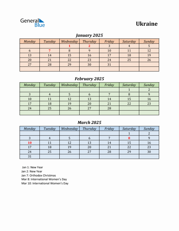 Q1 2025 Holiday Calendar - Ukraine