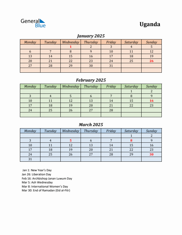 Q1 2025 Holiday Calendar - Uganda