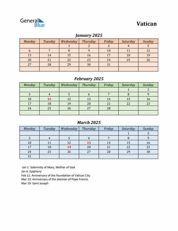 Q1 2025 Holiday Calendar - Vatican