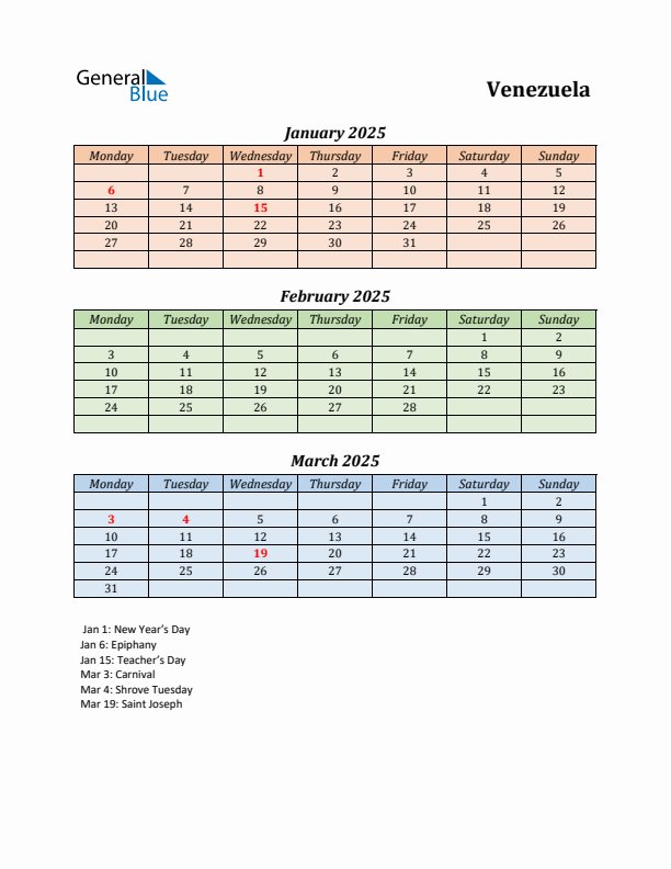 Q1 2025 Holiday Calendar - Venezuela