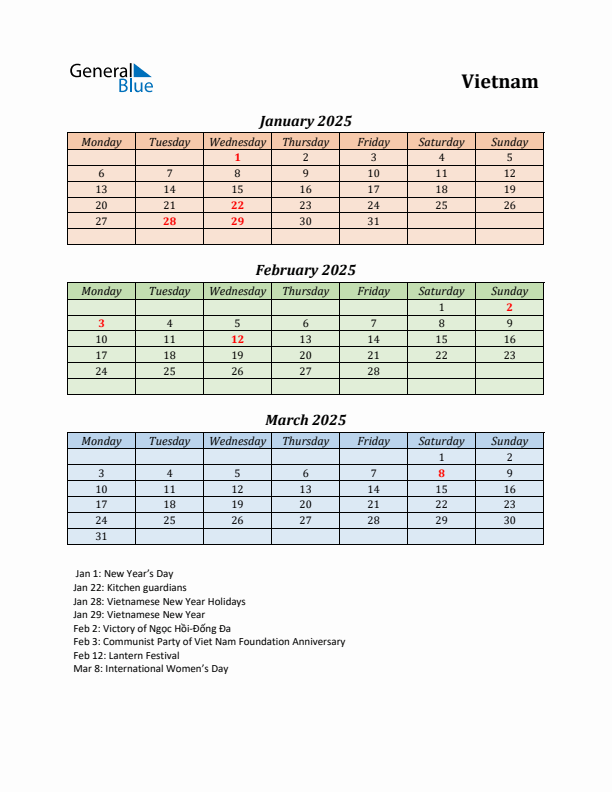 Q1 2025 Holiday Calendar - Vietnam