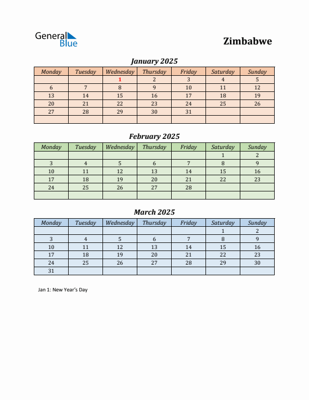 Q1 2025 Holiday Calendar - Zimbabwe