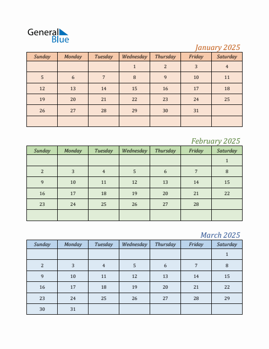 Quarter 1 2025 calendar template