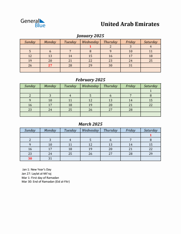 Q1 2025 Holiday Calendar - United Arab Emirates