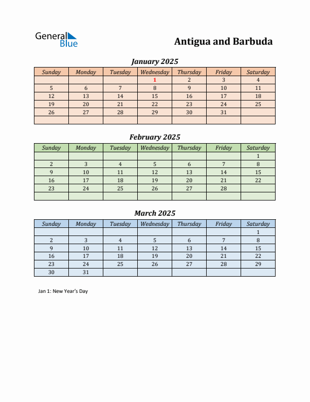 Q1 2025 Holiday Calendar - Antigua and Barbuda