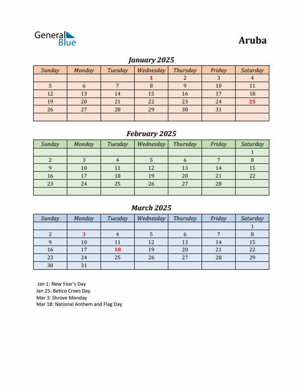 Q1 2025 Holiday Calendar - Aruba