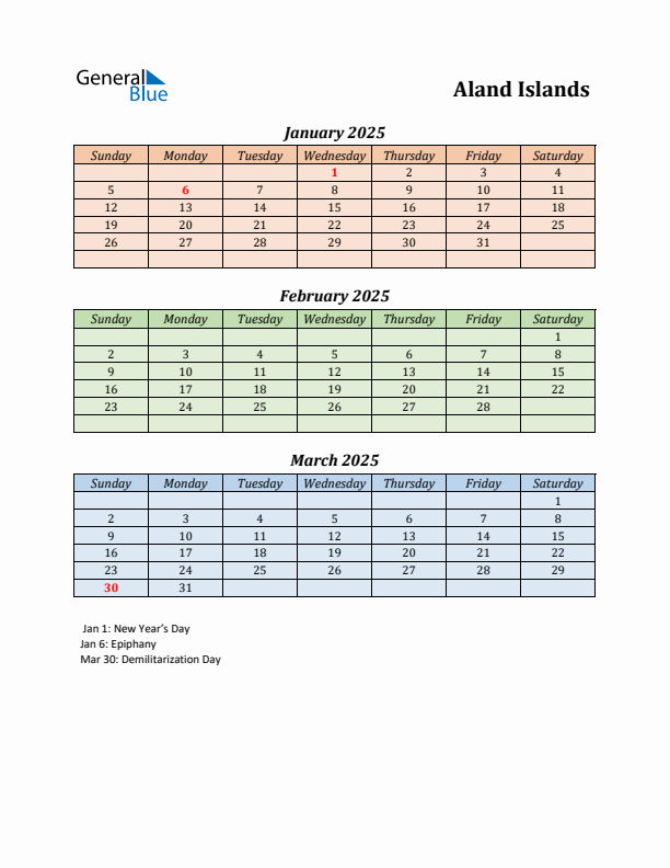 Q1 2025 Holiday Calendar - Aland Islands