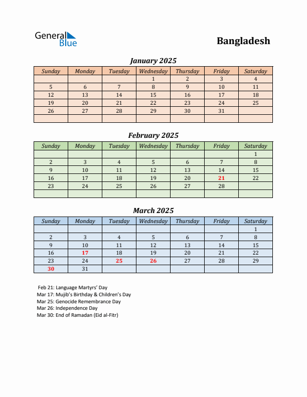 Q1 2025 Holiday Calendar - Bangladesh