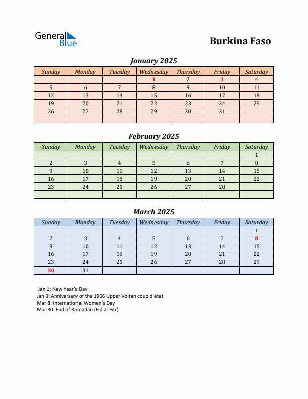 Q1 2025 Holiday Calendar - Burkina Faso