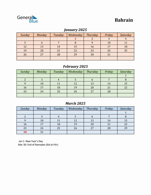 Q1 2025 Holiday Calendar - Bahrain