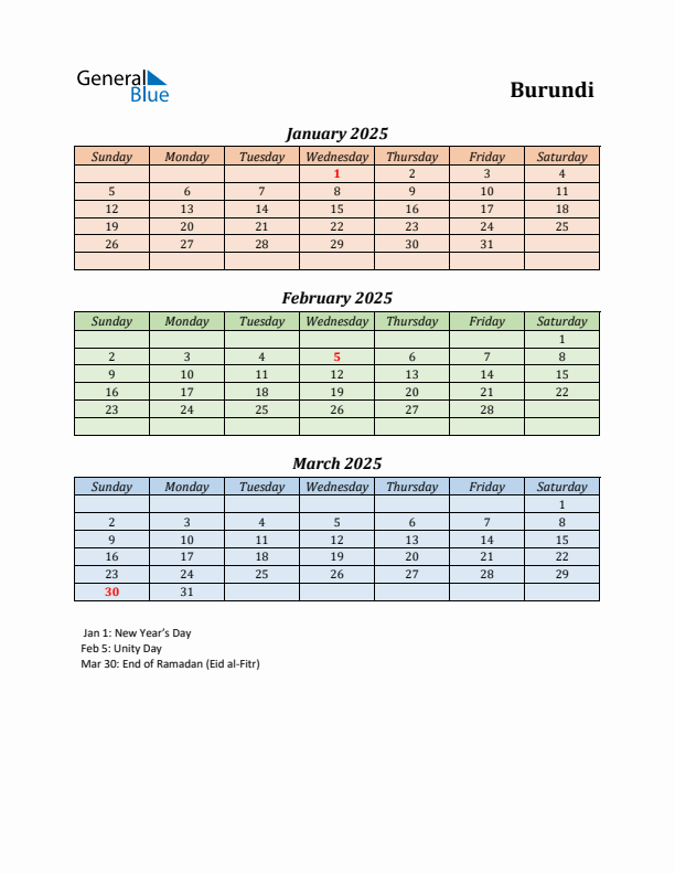 Q1 2025 Holiday Calendar - Burundi