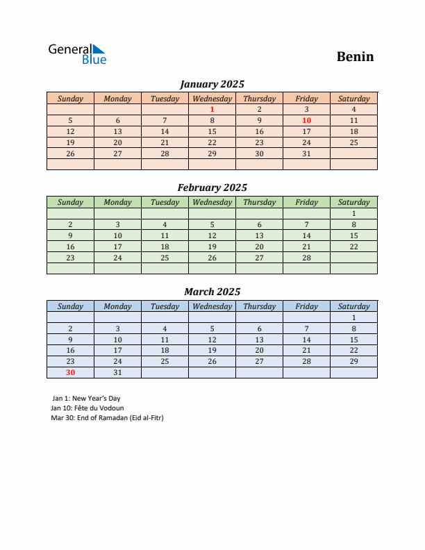 Q1 2025 Holiday Calendar - Benin