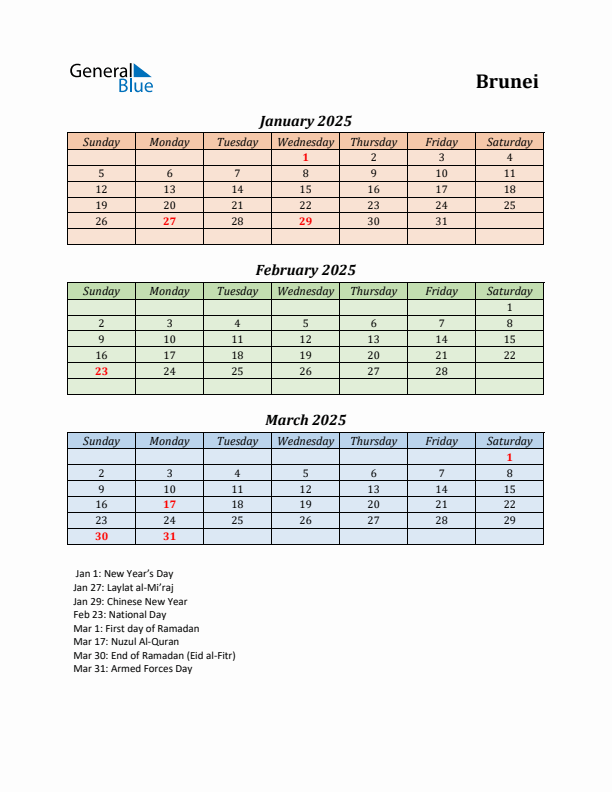 Q1 2025 Holiday Calendar - Brunei