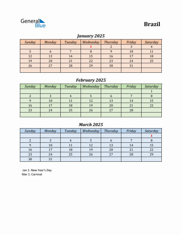 Q1 2025 Holiday Calendar - Brazil