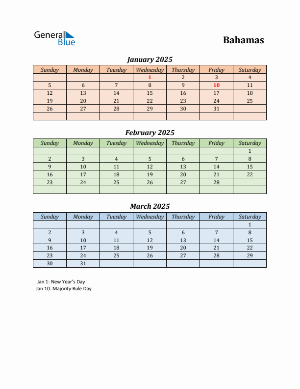 Q1 2025 Holiday Calendar - Bahamas