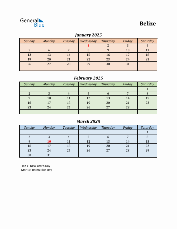 Q1 2025 Holiday Calendar - Belize