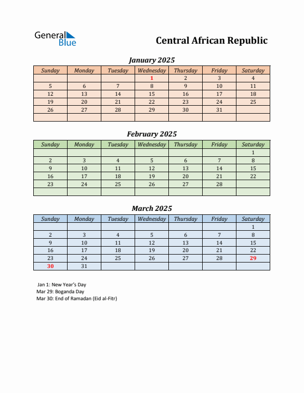 Q1 2025 Holiday Calendar - Central African Republic