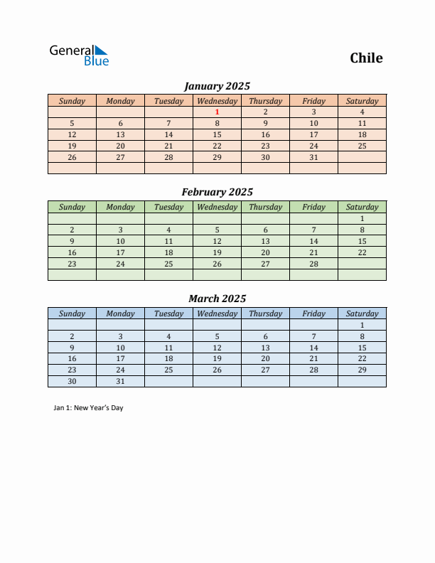 Q1 2025 Holiday Calendar - Chile