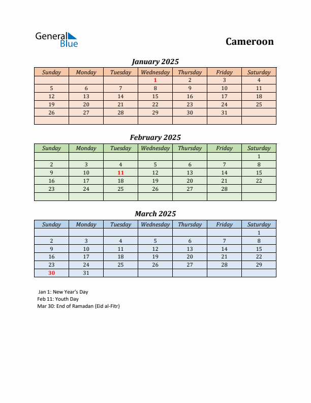 Q1 2025 Holiday Calendar - Cameroon