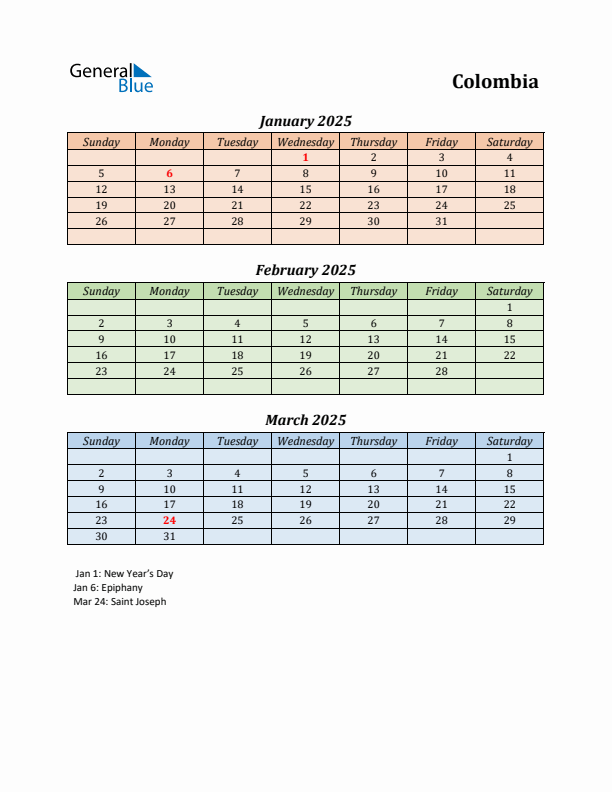 Q1 2025 Holiday Calendar - Colombia