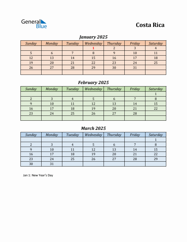 Q1 2025 Holiday Calendar - Costa Rica