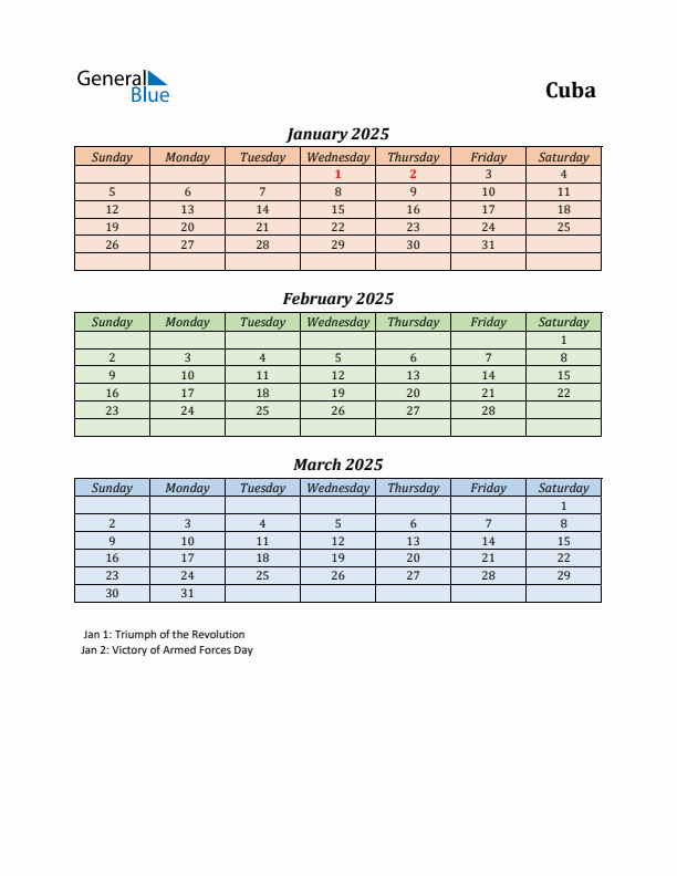 Q1 2025 Holiday Calendar - Cuba