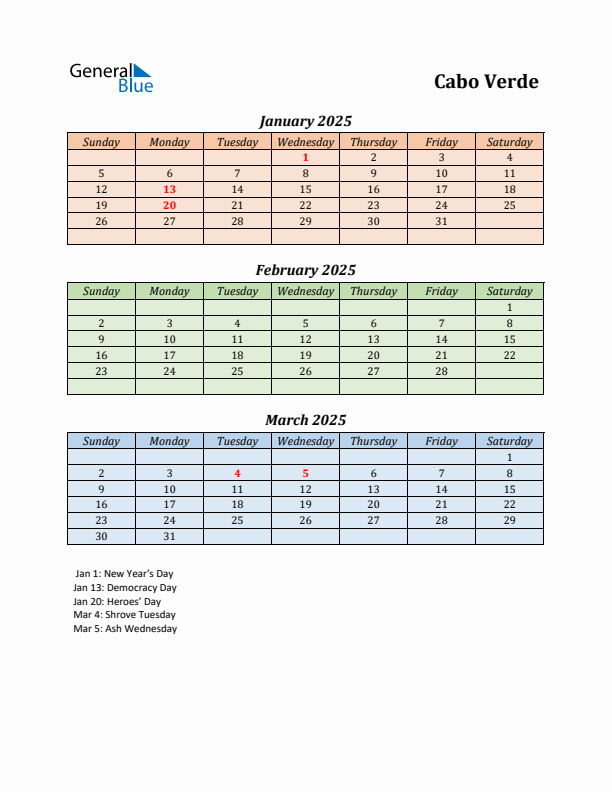 Q1 2025 Holiday Calendar - Cabo Verde