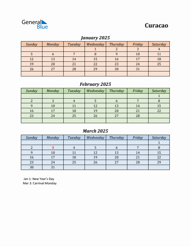 Q1 2025 Holiday Calendar - Curacao