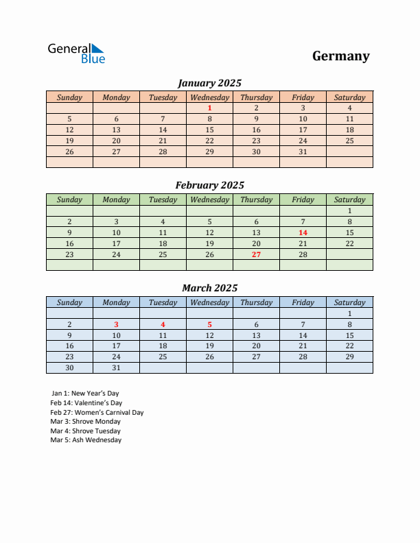 Q1 2025 Holiday Calendar - Germany