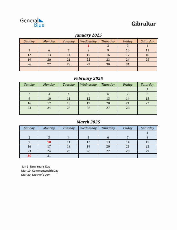 Q1 2025 Holiday Calendar - Gibraltar