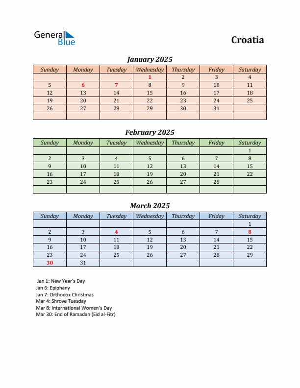 Q1 2025 Holiday Calendar - Croatia